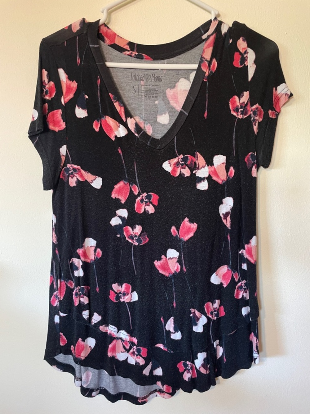 Latched Mama Black V-Neck Nursing Tee with Pink and White Floral Print